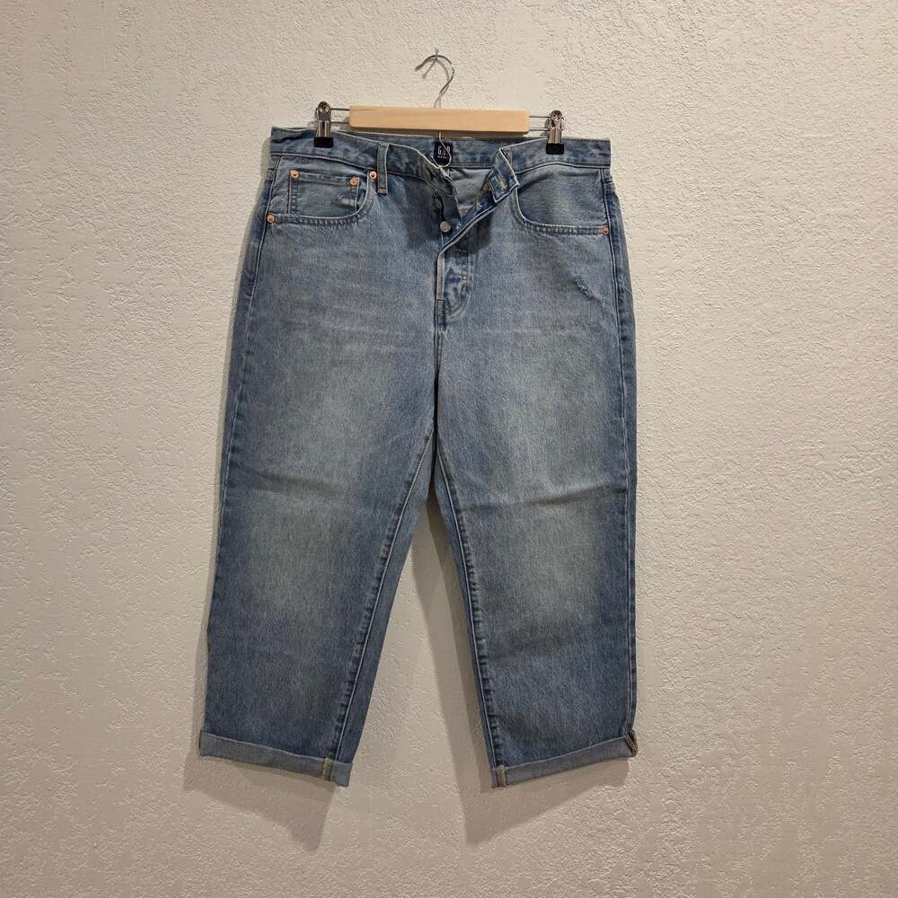 Gap Straight Boyfriend Crop Jeans Button Fly Distressed Blue Womens Denim